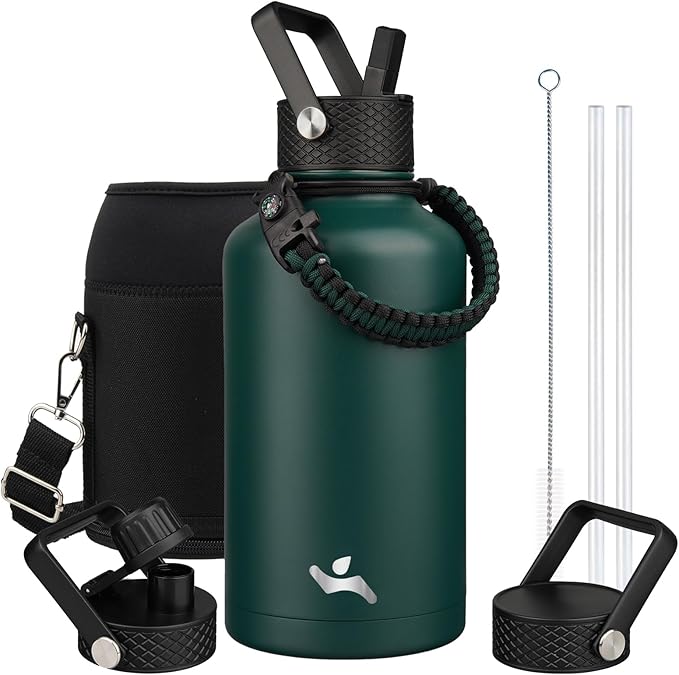Half Gallon Insulated Water Bottle with Straw,64 oz 3 Lids Water Jug with Carrying Bag,Paracord Handle,Double Wall Vacuum Stainless Steel Metal Flask,Dark Green