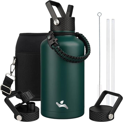 Half Gallon Insulated Water Bottle with Straw,64 oz 3 Lids Water Jug with Carrying Bag,Paracord Handle,Double Wall Vacuum Stainless Steel Metal Flask,Dark Green