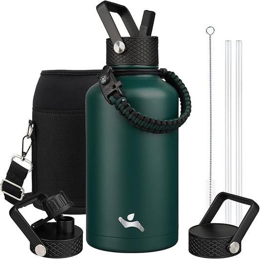 Half Gallon Insulated Water Bottle with Straw,64 oz 3 Lids Water Jug with Carrying Bag,Paracord Handle,Double Wall Vacuum Stainless Steel Metal Flask,Dark Green
