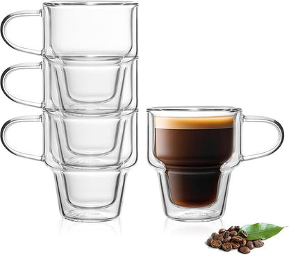 NIRA.Z 4 Pack Double Wall Glass Coffee Mugs 10 OZ Insulated Espresso Cups with Handle, Stackable Thermal Glass Coffee Cups, Ideal for Hot & Cold Drinks, Juice, Americano, Latte, Tea Bags, Cappuccinos