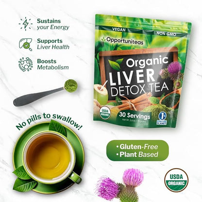 Opportuniteas Organic Liver Detox Tea Powder - Matcha Green Tea, Milk Thistle, Coconut Water, Spirulina, Ginger, & Cinnamon - Boost Energy, Feel Better - Liver Care Support Supplement, Vegan, Non GMO
