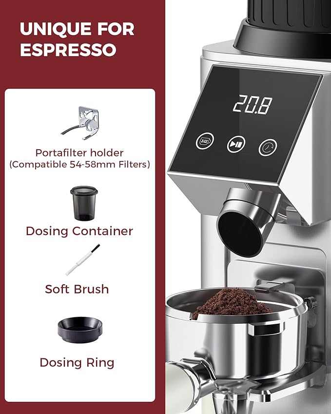 Tuni G1 Conical Burr Coffee Grinder, 48 Grind Settings Anti-static Burr Mill, Precision Electronic Timer and LED Touchscreen for Espresso/Drip/Cold Brew/French Press, Stainless Steel, Silver