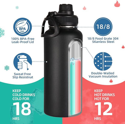 Volhoply 32 oz Insulated Water Bottle with Straw Lid and Spout Lid,Stainless Steel Sports Water Bottle,Double Wall Vacuum Cups,Leakproof Metal Flask with Wide Mouth for Hiking,Camping(Black,1)