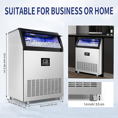 Commercial Ice Maker 250Lbs/24H Under Counter Ice Machine with 77Lbs Storage Bin, 90 Ice Cubes in 11Min, Stainless Steel Freestanding Ice Making Machine for Business, Water Filter and Scoop Included