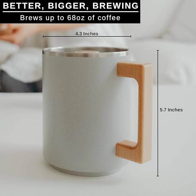 HASTINGS Pour Over Coffee Dripper - Stainless Steel Pour Over Coffee Filter, Metal Paperless Reusable Double Mesh Cone Filter with Wood Handle - Coffee Maker for Single Cup Brew up to 68 OZ (Grey)