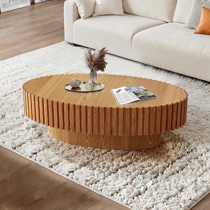Handmade Oval Grooved Drum-Shaped Coffee Table、Rustic Modern Circular Centerpiece for Living Room & Farmhouse Decor、Easy to Clean (C Wood 43in)