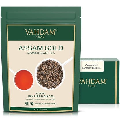 VAHDAM, Second Flush ASSAM GOLD (50 Cups) | 100% PURE UNBLENDED Black Tea Loose Leaf | Black Tea Leaves with GOLDEN TIPS | Brew as Hot or Iced Tea | 3.53oz