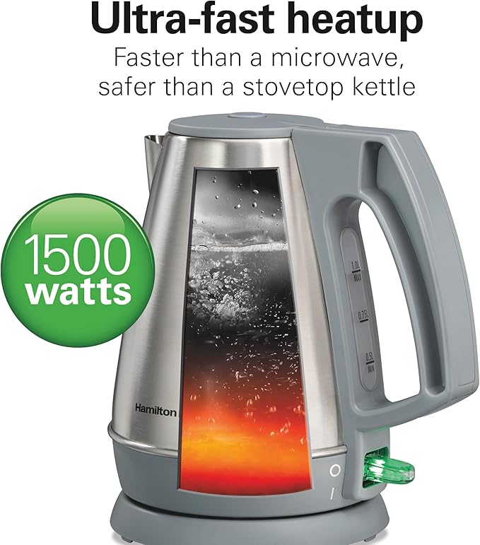Hamilton Beach 1 Liter Electric Kettle, Water Boiler & Heater, Fast 1500 Watts, BPA Free Interior, Cordless Serving, Auto-Shutoff and Boil-Dry Protection, Cord Wrap, Stainless Steel (41065)