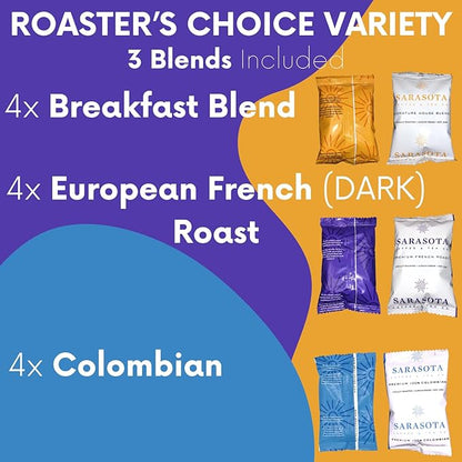 Sarasota Coffee Ground Packets | Gift Set Assorted Variety Sampler Packs | Medium, Colombian, & Dark Roast | Gourmet Low Acid Mold Free Individual Pouches for 12 Cup Coffee Maker | 2 Oz Bags, 12 Count