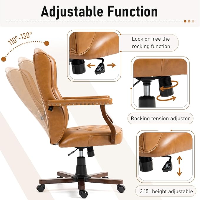 ECOTOUGE Ergonomic Executive Office Chair, Tufted Faux Leather Home Office Desk Chair, Vintage Wingback Swivel Work Chair, Classic Retro Computer Chair, Brown