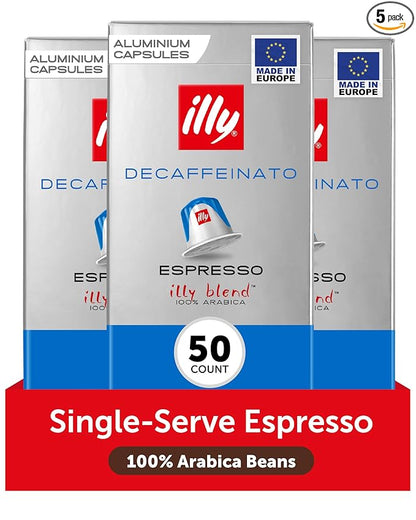 illy Aluminum Espresso Capsules - Compatible with Nespresso Machines - Decaf Coffee - Mild & Balanced - Notes of Caramel and Chocolate - Single Serve Capsules - 10 Count (Pack of 5)