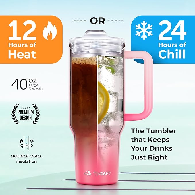 40 oz Tumbler With Handle and Straw Made of Stainless Steel - Double Wall Vacuum Insulated Tumbler With Lid - Sweat Proof Easy Grip, BPA-Free, Dishwasher Safe Tumbler (Misty Pink)