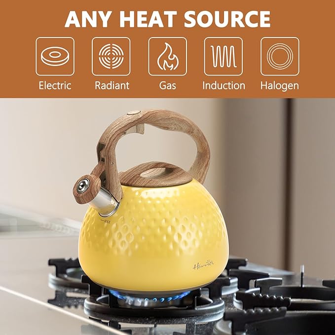 harriet Tea Kettle, Tea Pot for Stovetop, 2.5QT Whistling Kettle with 5-Layers bottom, Food Grade Stainless Steel Kettles with Hot-Resistant Handle Gas Electric Applicable, Yellow