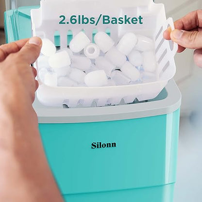 Silonn Ice Makers Countertop, 9 Cubes Ready in 6 Mins, 26lbs in 24Hrs, Self-Cleaning Ice Machine with Ice Scoop and Basket, 2 Sizes of Bullet Ice for Home Kitchen Office Bar Party, Green