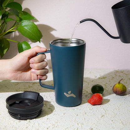 Insulated Tumbler with Handle and Straw, 18 OZ Travel Coffee Mug Stainless Steel Cup Metal Water Bottle,Navy Blue