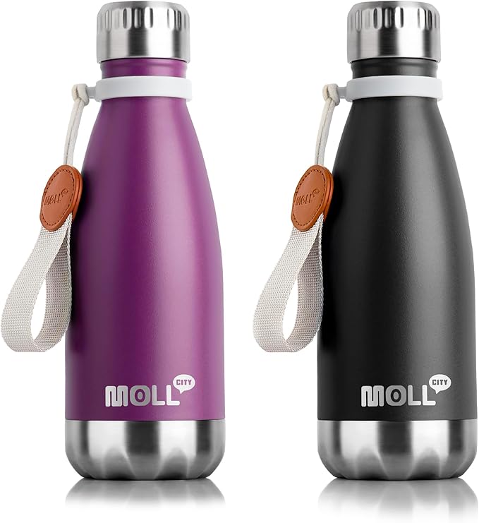 Small Water Bottle-12 oz Stainless Steel Vacuum Insulated Water Bottle for Kids for School, Leak Proof Cola Shape Travel Water Bottle for Boys (Purple-Black)