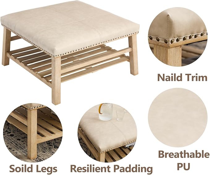 Kmax 32-Inch Beige Faux Leather Coffee Table Large Square Ottoman Foot Rest Stool Upholstered Coffee Table with Wooden Shelf Storage for Living Room Office