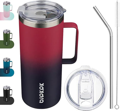 BJPKPK Insulated Coffee Mug with 2 Lids, 32oz Stainless Steel Insulated Tumbler with Handle, Double Wall Vacuum Coffee Cups, BPA Free Travel Mug for Coffee, Tea and Drinks, Charming Red & Blue