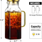 Load image into Gallery viewer, 2 Pack 2 Liters/68 oz Square Glass Pitcher with Lid and Handle for Fridge, Iced Tea and Coffee Carafe Beverage Serveware, Heat Resistant Borosilicate Water Gold Jug for Hot/Cold Drinks and Milk