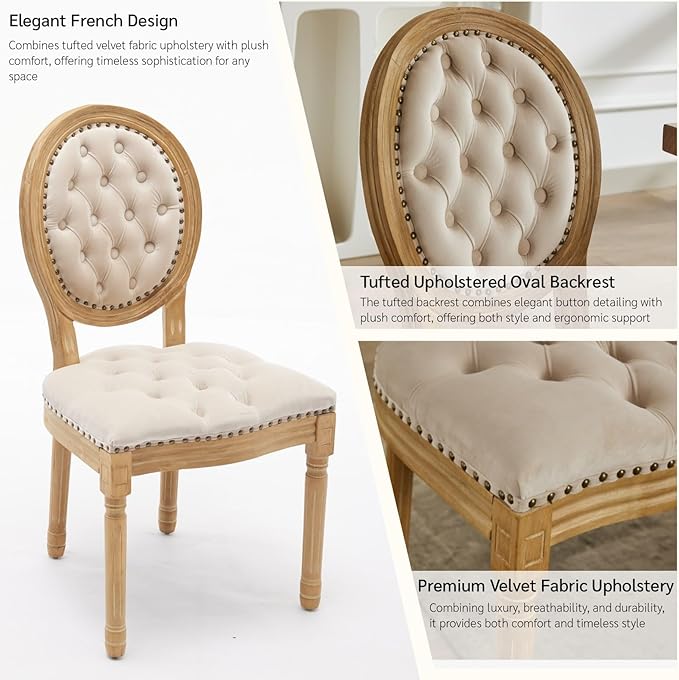 French Country Dining Chairs Set of 6, Vintage Wooden Dining Chairs with Fabric Upholstered Tufted Seat,Solid Wood Legs&Frame, Farmhouse Kitchen&Living Room Chairs(Beige,6 Pcs)