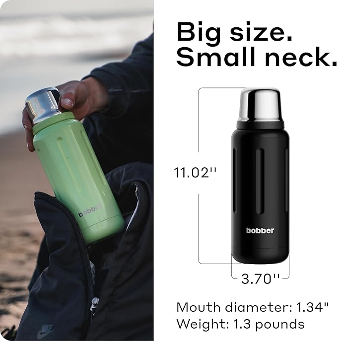 BOBBER 34 oz Stainless Steel Travel Thermos for Hot and Cold Drinks – Dishwasher Safe Metal Water Bottle with Cup Lid – Keeps Hot for 48 Hours – BPA-Free, Vacuum Insulated (Black Coffee)
