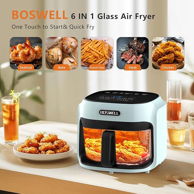 BOSWELL Glass Air Fryer, 7.5 QT with Transparent Fry Bowl, Circulating Heating, Temperature Control, Stainless Steel Air Fryer Roast, Dishwasher Safe (Green)