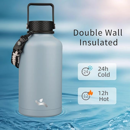 Half Gallon Insulated Water Bottle with Straw,64 oz 3 Lids Water Jug with Carrying Bag,Paracord Handle,Double Wall Vacuum Stainless Steel Metal Flask,Storm Blue