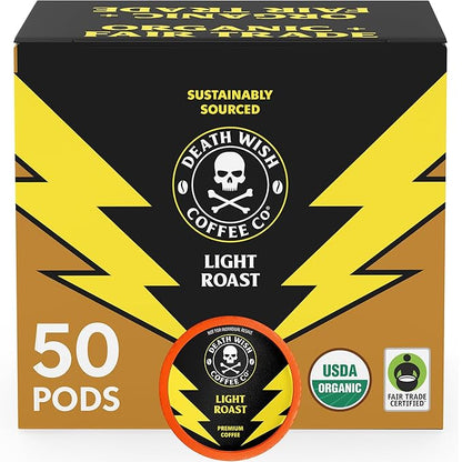 Death Wish Coffee, Organic and Fair Trade, Light Roast Coffee Pods (50 Count)