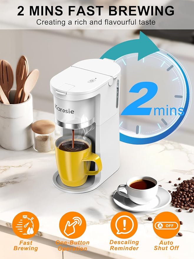 Slim Single Serve Coffee Maker, Fast Brew for K-Cup & Ground Coffee Small One Cup Coffee Maker, 6-12 Oz Brew Sizes, Coffee Machine with Descaling Reminder and Water Window,White