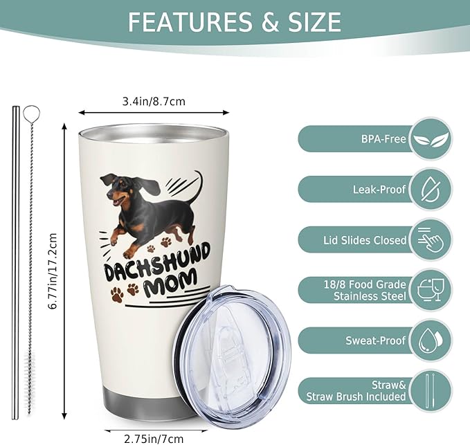 Best Dachshund Mom Gifts for Women, 20 Oz Dachshunds Lover Travel Tumbler Mugs, Travel Mug Gift for Dachshunds Mom