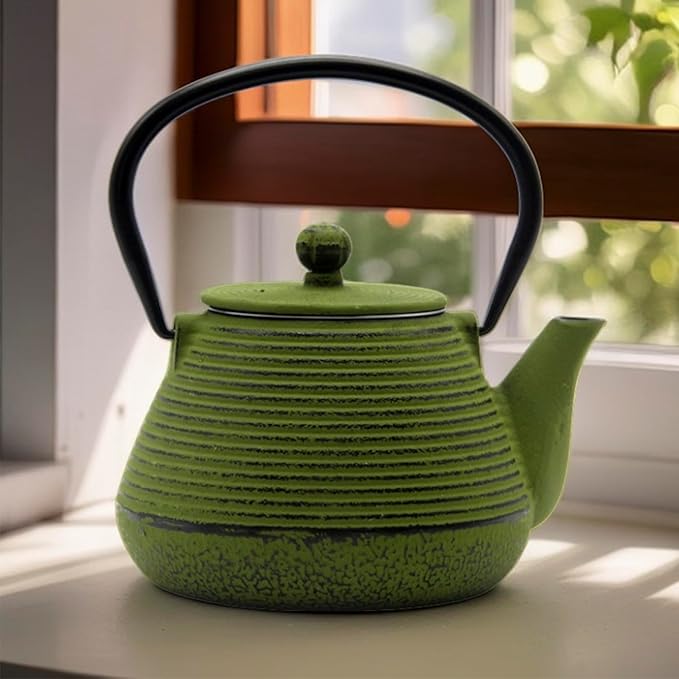 20.3oz Small Cast Iron Teapot, SECHUDO Cast Iron Tea Kettle for Stovetop Safe Coated with Enameled Interior, Iron Tea Pot with Stainless Steel Infuser for Loose Tea (Green Pinstripe Pattern)