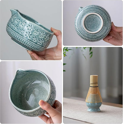 Matcha Whisk Set, Ceramic Matcha Set Includes Matcha Bowl, Matcha Whisk and Holder, Bamboo Scoop, Scoop Rest, Sifter and Tea Towel - 7 Pcs Matcha Kit for Matcha Lovers (Blue)