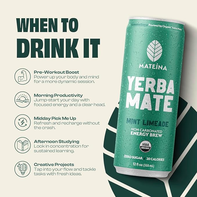 Mateina Yerba Mate Zero Sugar Energy Drink – 120mg Natural Caffeine – Organic, Non-GMO, Non-Carbonated – Dr. Andrew Huberman Recommended – 12 Pack (12oz Cans) (12 Pack, Mint Limeade)