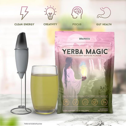 Yerba Magic - Yerba Mate Instant Tea Powder, 3-in-1 Super Drink - Clean Energy, Brain Fog Buster, and Gut Health Powered by Nootropics, Prebiotics and Probiotics | Strawberry Matcha 30 Servings
