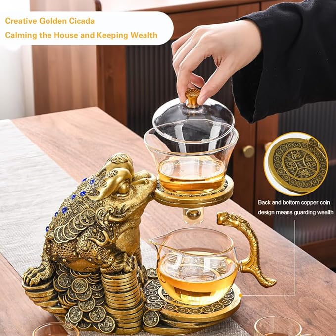 Creative Golden Cicada Shaped Magnetic Tea Pot - Semi Automatic Glass Teapot with Lazy Kungfu Drip Function - Suitable for Home/Office Reception Tea Set