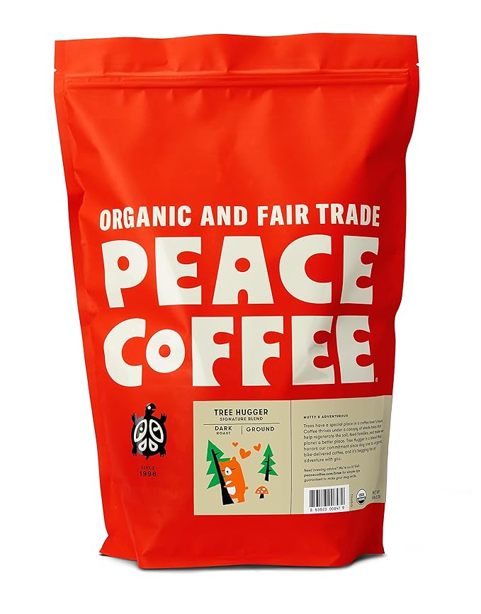 Peace Coffee Tree Hugger Signature Blend | 5 lb Ground Dark Roast | Organic Fair Trade | Soft, Smooth Flavor | Shade Grown, Fresh Roasted