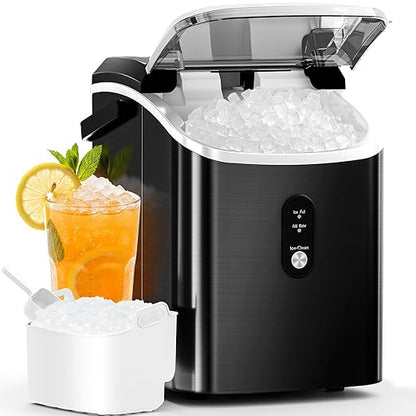 Antarctic Star Nugget Ice Maker Countertop with Soft Chewable Ice, Portable Sonic Ice Maker with Basket and Scoop, Removable Top Cover, Auto-Cleaning for Home/Party/RV/Camping (Stainless Steel Black)