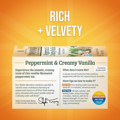 Twinings Peppermint & Creamy Vanilla Herbal Tea Individually Wrapped Bags, 20 Count (Pack of 6), Formerly Buttermint, Naturally Caffeine-Free, Enjoy Hot or Iced, 120 Teabags