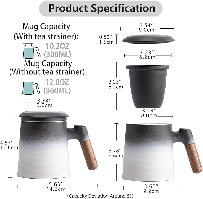 ZENS Tea Cup with Infuser and Lid, Wood Handle Loose Steeper Mug, 12 Ounces Matte Gradient Embossed Ceramic Stainer Mug for Tea Gifts, Black & White