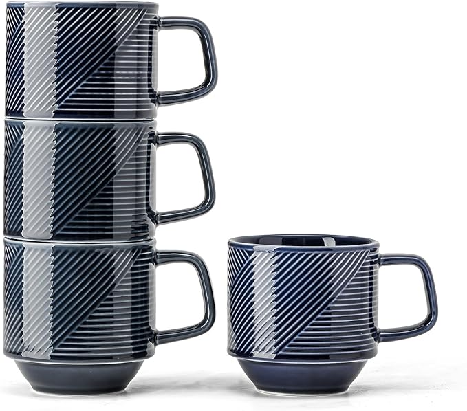 Stackable Coffee Mugs Set: 13 oz Ceramic Stacking Cups for Cappuccino Latte Tea - Microwave Safe Mug for Home & Office - 4 PCS, Navy