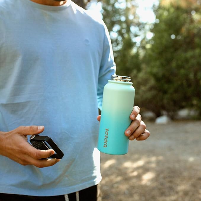 BJPKPK 2 Pack Insulated Water Bottles with Straw Lids, 32oz Stainless Steel Metal Water Bottle with 6 Lids, Leak Proof BPA Free Jugs, Cups, Flasks for Travel, Sports (Army Green+Mint)