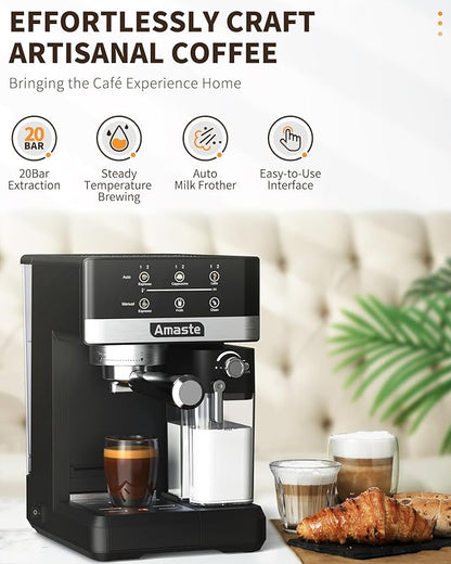 Amaste Espresso Machine, 20 Bar Cappuccino Machine With Touch Screen, Espresso Machine with Milk Frother for Home, 3-in-1 Latte Machine With Milk Tank for Espresso, Cappuccinos & Lattes, 1350W