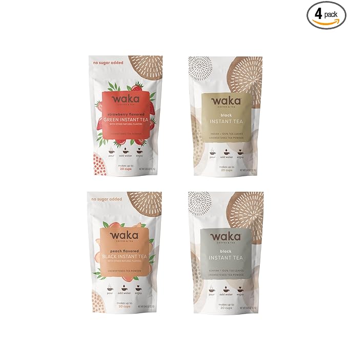 Waka Instant Tea – Black & Strawberry Green Tea Powder Sample Bundle – Unsweetened, No Sugar Added – 100% Tea Leaves – 4 x 0.45 oz Packs (Makes Up to 20 Cups or 5 Quarts Each)