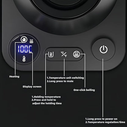 Gooseneck electric kettle,Auto Boil Detection, with Variable Temperature Control, Stainless Steel Inner, Ultra-Quiet 304 Stainless Steel,1200W Quick Heating, for Coffee, Tea & Milk, 0.9L(Black)