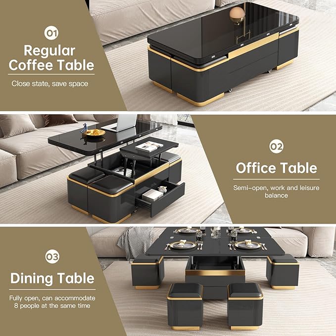 Multifunctional Lift Top Coffee Table, Extendable Coffee Table with 4 Storage Stools, Space Saving Folding Dining Table for Living Room, Office, Small Space