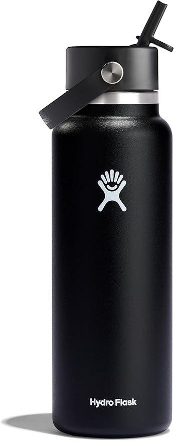 Hydro Flask Water Bottle - Insulated Stainless Steel - Wide Straw Lid, Non Spill, Leakproof in 40 Oz Black