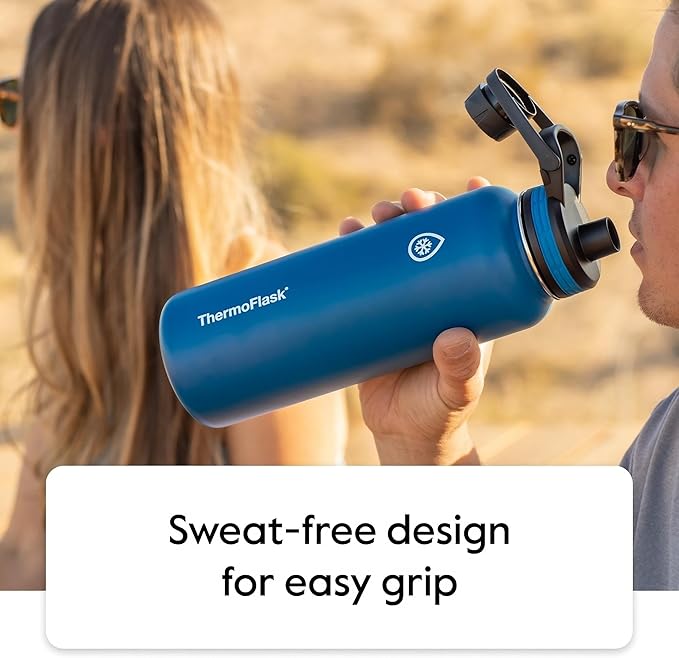 ThermoFlask 40 oz Double Wall Vacuum Insulated Stainless Steel Water Bottle with Spout and Straw Lids, Cobalt