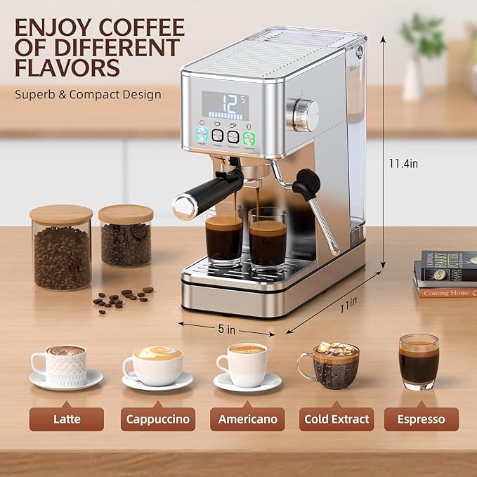 Espresso Machine 20 Bar, Stainless Compact Espresso Maker with Steam Milk Frother, 57.5OZ Water Tank, Touch Screen Indicator of Making Time, for Latte, Cappuccino, Silver (2025 updated model)