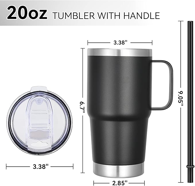 VEGOND 20 oz Tumbler Bulk with Handle Lid and Straw, Stainless Steel Insulated Travel Coffee Mug Set, Spill Proof Double Wall Metal Tumblers Cups, Powder Black 12 Pack
