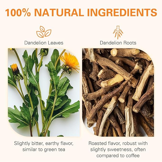 WT WEETEE Dandelion Leaf & Root Tea Bags, 100% Pure Dandelion Leaf and Roasted Dandelion Root Blend, Natural Caffeine-free Herbal Tea 2g x 100 Counts